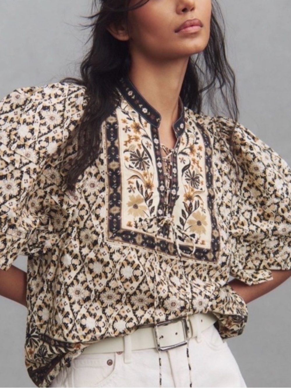 NWOT-  Anthropologie Floral Pleated Sleeve Boho  Top